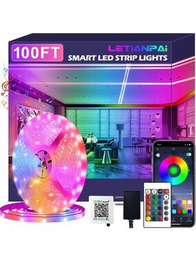 100ft Color Changing LED Strip Lights - Music Sync, Bluetooth Control for Home